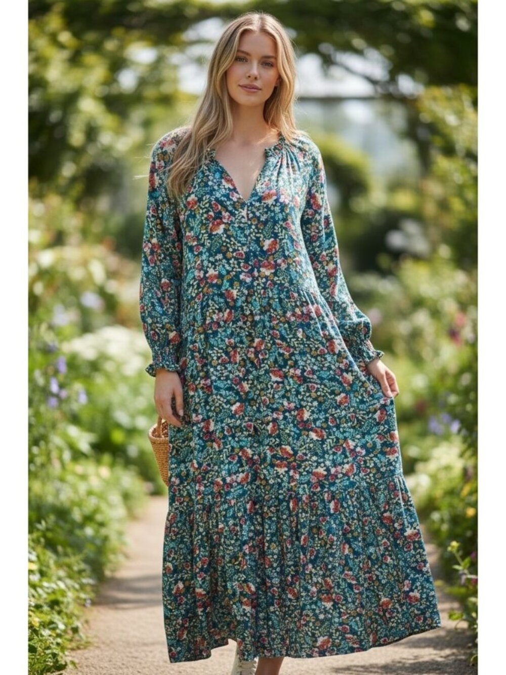Natural Life Floral Tiered Maxi Dress S Teal Boho Long Sleeve Rayon Prairie